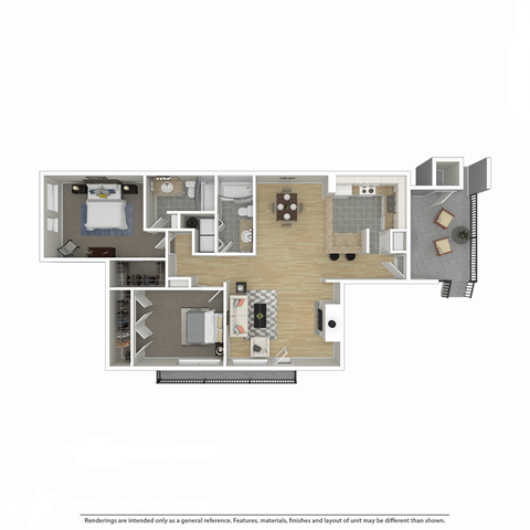 Floor plan for 2 beds, 2 baths, 1025 sqft